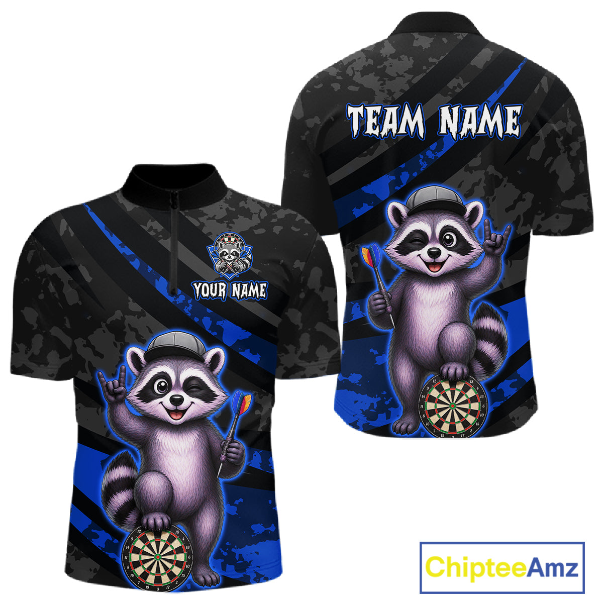 Custom Blue Raccoon Darts Shirt for Men Darts Team Jerseys Dart Uniform Polo & 1/4 Zip NNT326