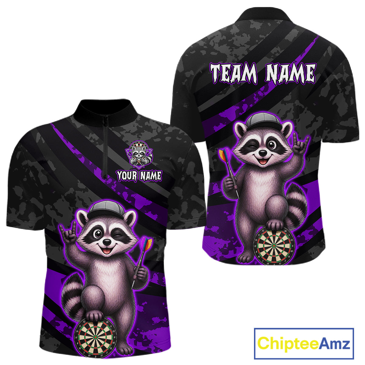 Custom Purple Raccoon Darts Shirt for Men Darts Team Jerseys Dart Uniform Polo & 1/4 Zip NNT326