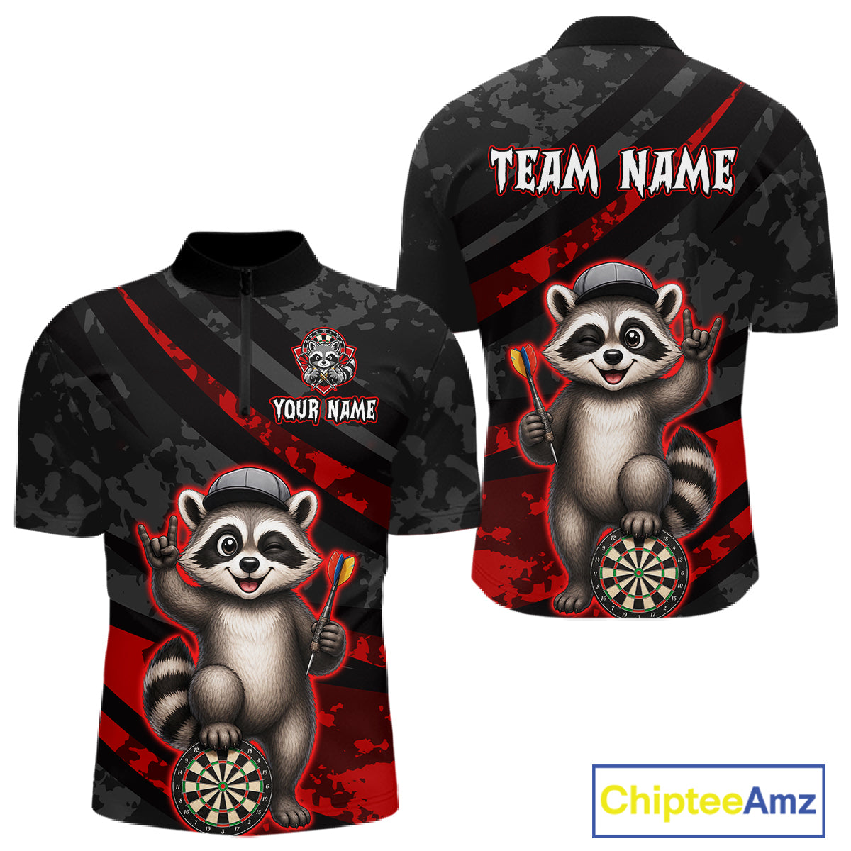 Custom Red Raccoon Darts Shirt for Men Darts Team Jerseys Dart Uniform Polo & 1/4 Zip NNT326