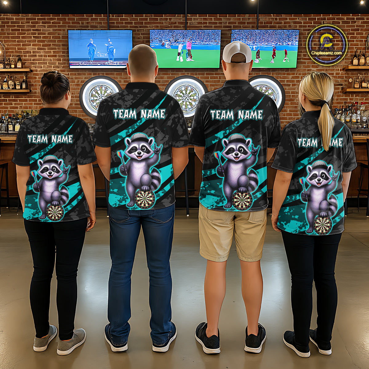 Custom Turquoise Raccoon Darts Shirt for Women Darts Team Jerseys Dart Uniform Polo & 1/4 Zip NNT326