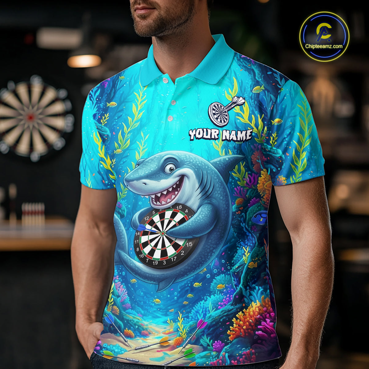 Custom Funny Shark Darts Shirt for Men Darts Team Jerseys Dart Uniform Polo & 1/4 Zip NNT327