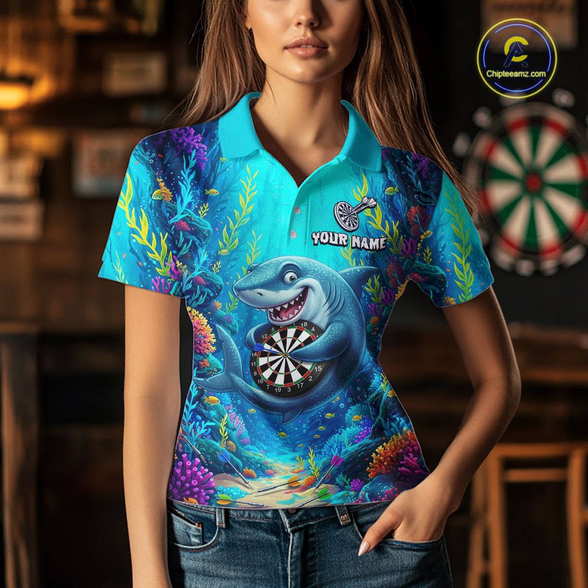 Custom Funny Shark Darts Shirt for Women Darts Team Jerseys Dart Uniform Polo & 1/4 Zip NNT327