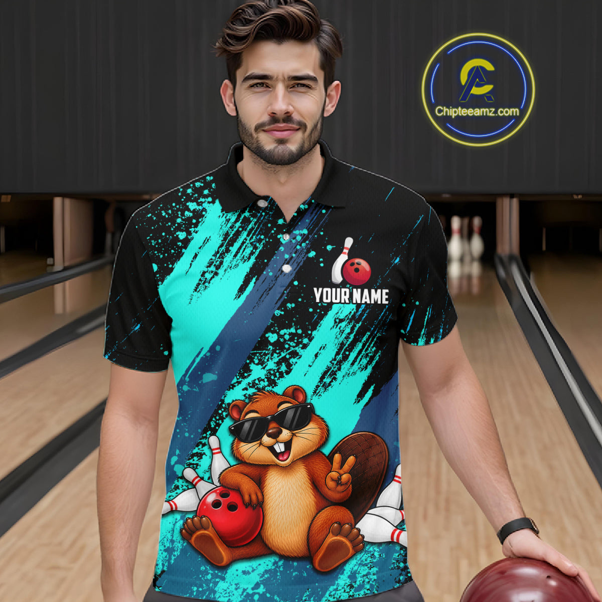 Custom Turquoise Funny Beaver Bowling Team Jersey Bowling Shirts for Men Bowling League HNT662