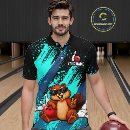 Custom Turquoise Funny Beaver Bowling Team Jersey Bowling Shirts for Men Bowling League HNT662
