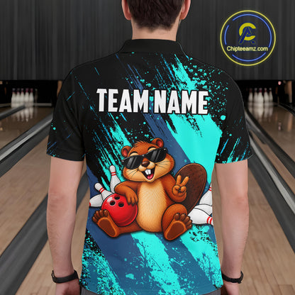 Custom Turquoise Funny Beaver Bowling Team Jersey Bowling Shirts for Men Bowling League HNT662