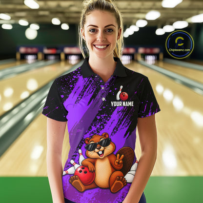 Custom Purple Funny Beaver Bowling Team Jersey Bowling Shirts for Women Bowling League HNT662