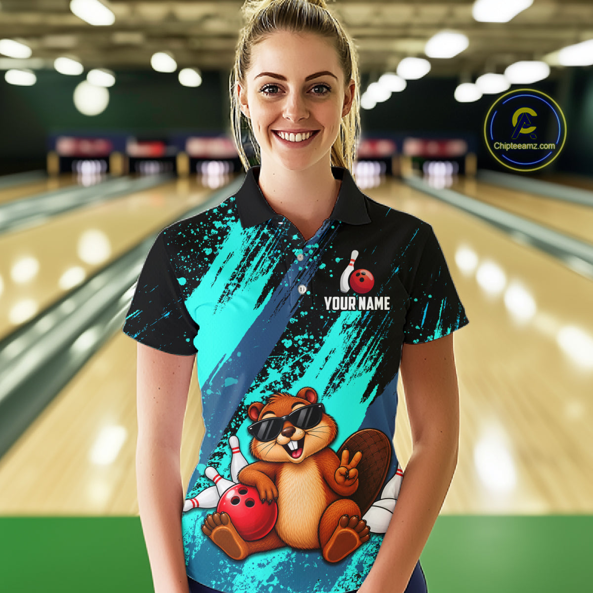 Custom Turquoise Funny Beaver Bowling Team Jersey Bowling Shirts for Women Bowling League HNT662