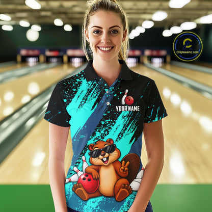 Custom Turquoise Funny Beaver Bowling Team Jersey Bowling Shirts for Women Bowling League HNT662