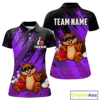 Custom Purple Funny Beaver Bowling Team Jersey Bowling Shirts for Women Bowling League HNT662