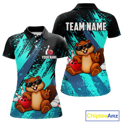 Custom Turquoise Funny Beaver Bowling Team Jersey Bowling Shirts for Women Bowling League HNT662