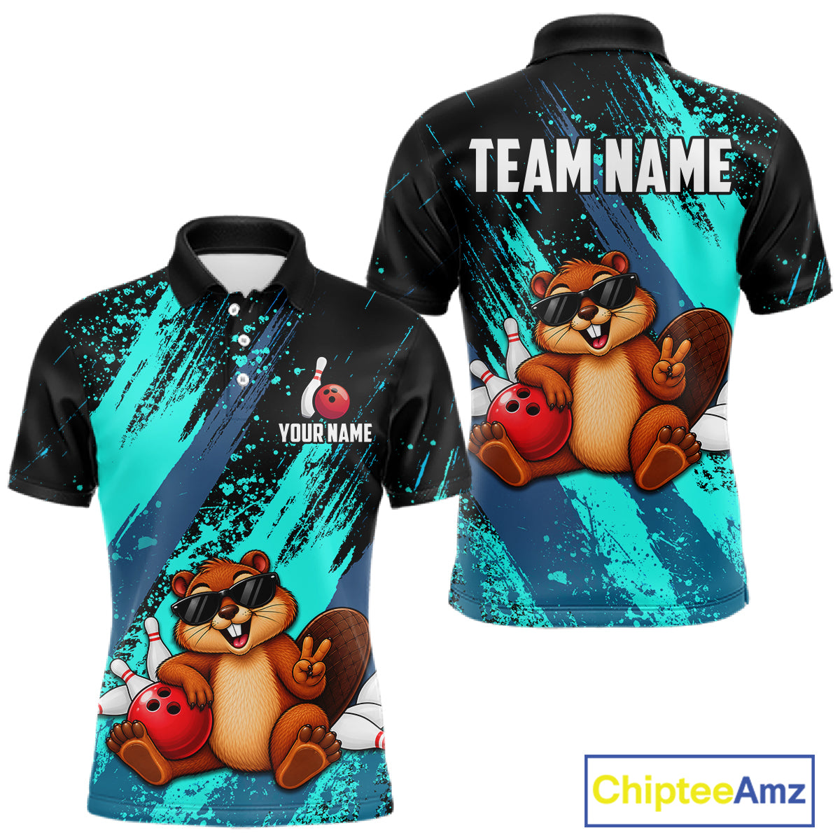 Custom Turquoise Funny Beaver Bowling Team Jersey Bowling Shirts for Men Bowling League HNT662