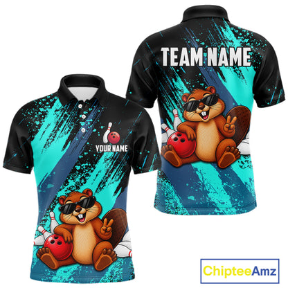 Custom Turquoise Funny Beaver Bowling Team Jersey Bowling Shirts for Men Bowling League HNT662