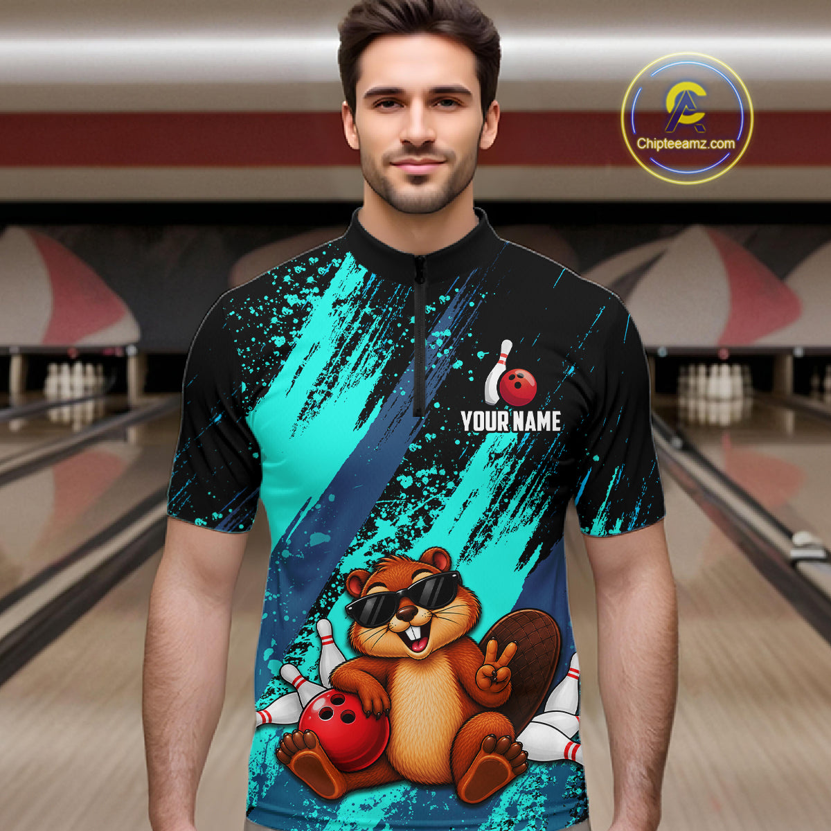 Custom Turquoise Funny Beaver Bowling Team Jersey Bowling Shirts for Men Bowling League HNT662
