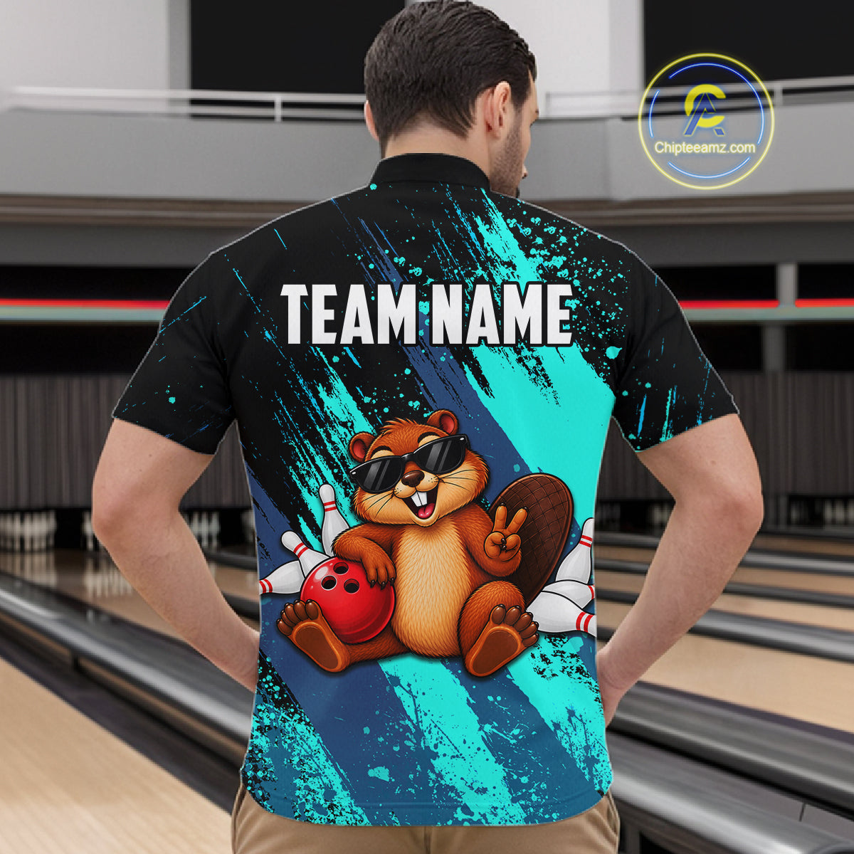 Custom Turquoise Funny Beaver Bowling Team Jersey Bowling Shirts for Men Bowling League HNT662