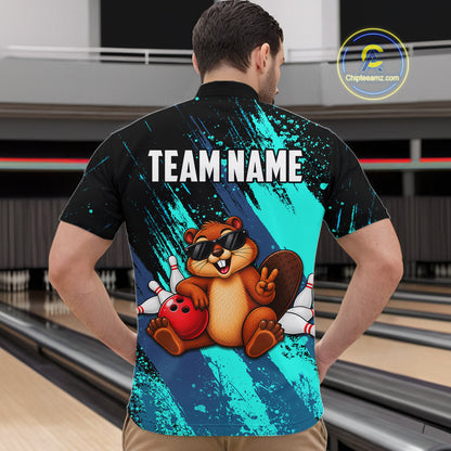 Custom Turquoise Funny Beaver Bowling Team Jersey Bowling Shirts for Men Bowling League HNT662