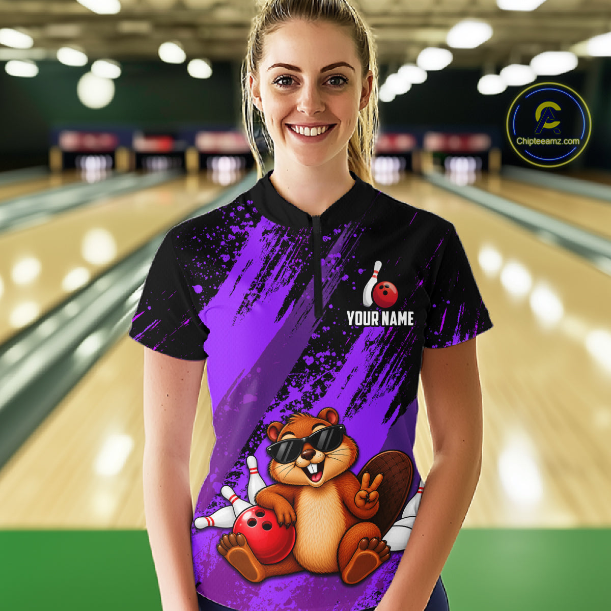 Custom Purple Funny Beaver Bowling Team Jersey Bowling Shirts for Women Bowling League HNT662