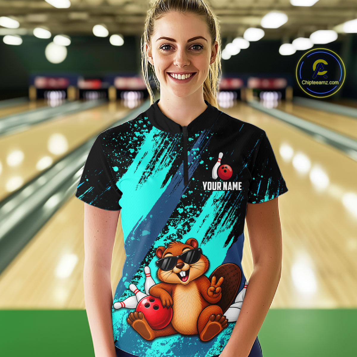 Custom Turquoise Funny Beaver Bowling Team Jersey Bowling Shirts for Women Bowling League HNT662
