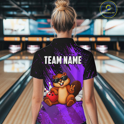 Custom Purple Funny Beaver Bowling Team Jersey Bowling Shirts for Women Bowling League HNT662