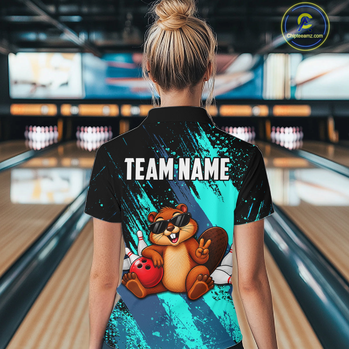 Custom Turquoise Funny Beaver Bowling Team Jersey Bowling Shirts for Women Bowling League HNT662