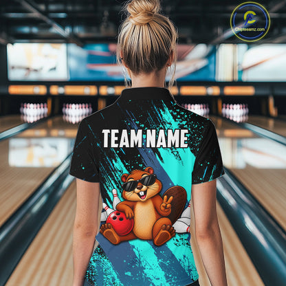 Custom Turquoise Funny Beaver Bowling Team Jersey Bowling Shirts for Women Bowling League HNT662