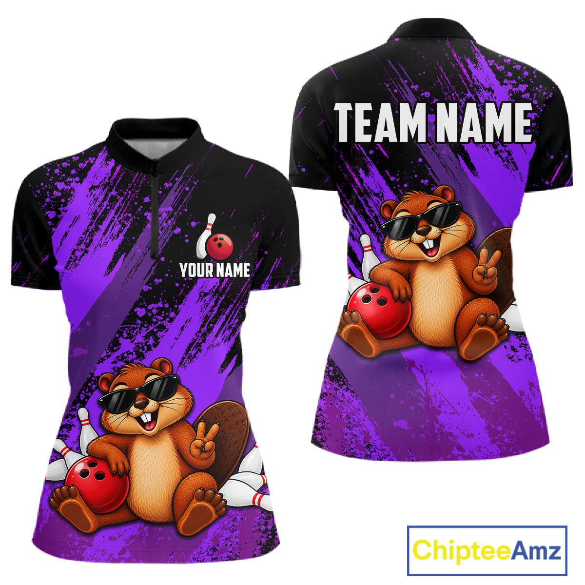 Custom Purple Funny Beaver Bowling Team Jersey Bowling Shirts for Women Bowling League HNT662