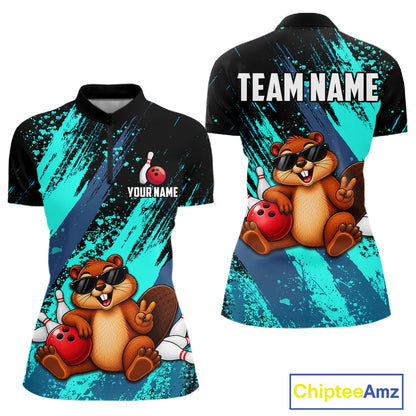 Custom Turquoise Funny Beaver Bowling Team Jersey Bowling Shirts for Women Bowling League HNT662