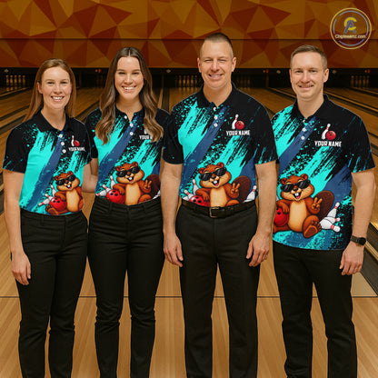 Custom Turquoise Funny Beaver Bowling Team Jersey Bowling Shirts for Women Bowling League HNT662