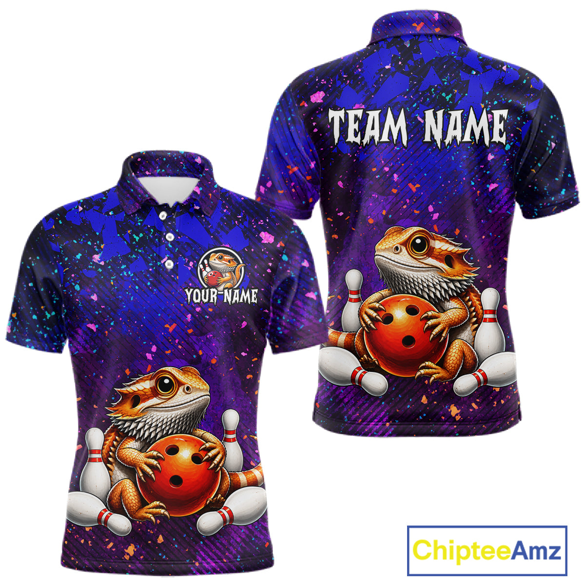Custom funny bearded dragon bowling jersey for men, personalized team bowling polo shirt front view and back view.
