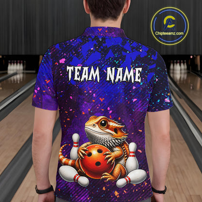 Men’s funny bearded dragon bowling quarter zip shirt, back view on male model in bowling lane 