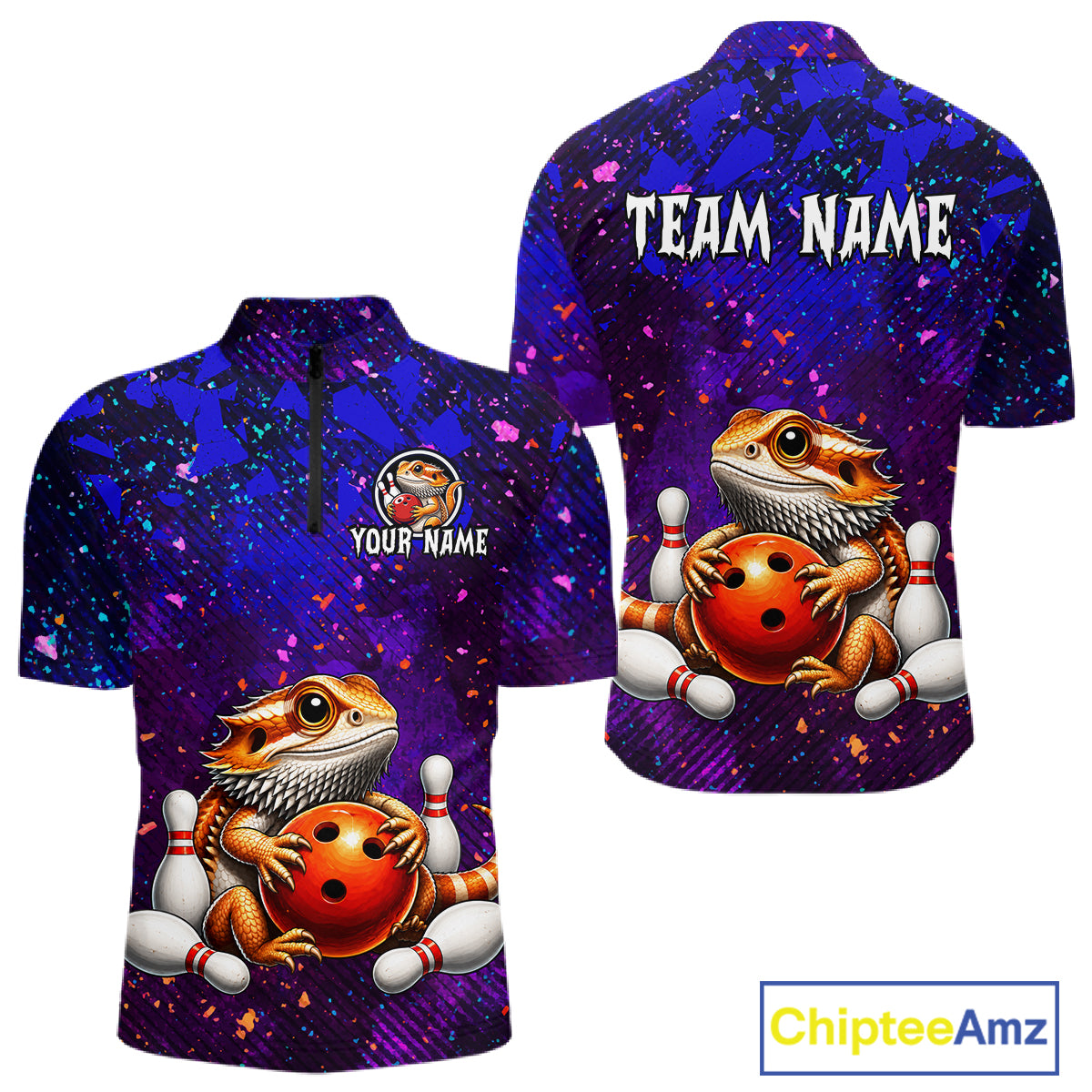 Custom funny bearded dragon bowling jersey for men, personalized team bowling quarter zip shirt front view and back view.