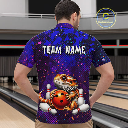 Men’s funny bearded dragon bowling polo shirt, back view on male model in bowling lane 