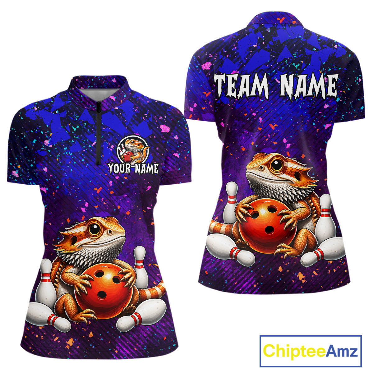 Custom funny bearded dragon bowling jersey for women, personalized team bowling quarter zip shirt front view and back view.
