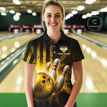Load image into Gallery viewer, Woman wearing a custom bowling shirt with a bowling ball and pins design in a bowling alley.