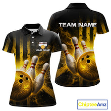 Load image into Gallery viewer, Bowling-themed polo shirt with 'Team Name' and 'Your Name' text on a black and yellow background, featuring bowling pins and a ball.