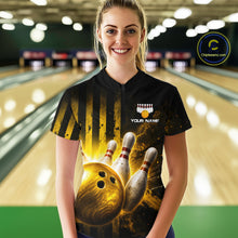 Load image into Gallery viewer, Person wearing a bowling-themed shirt with a bowling alley in the background