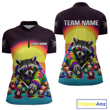 Load image into Gallery viewer, Colorful polo shirt with raccoon design and customizable text on a white background