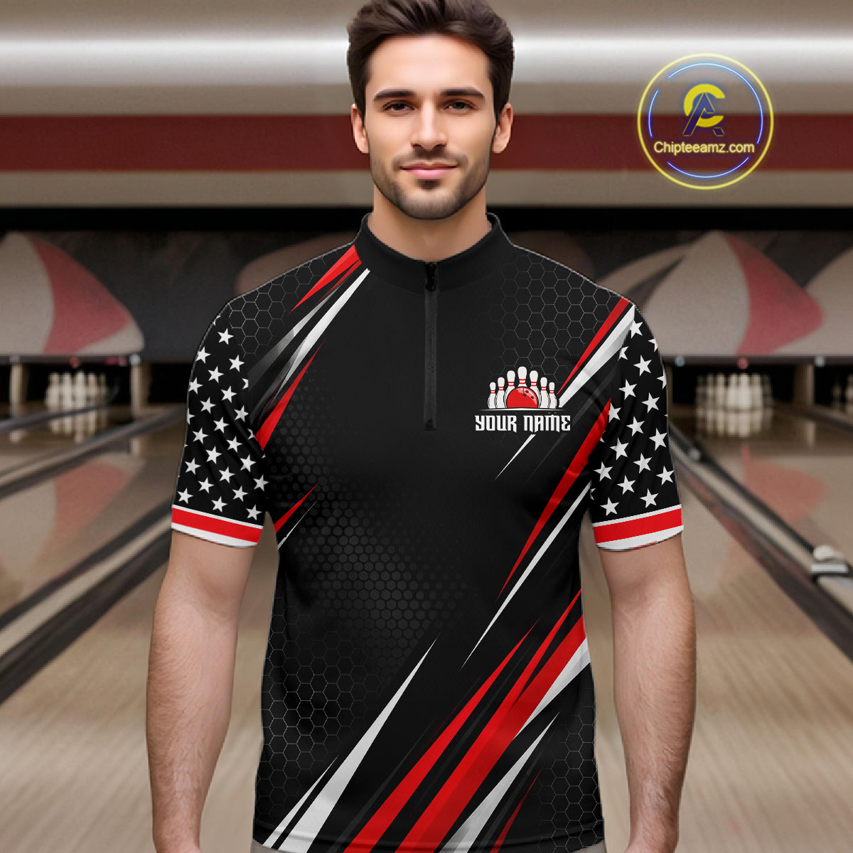 Custom Black Red Bowling Jersey for Men Bowling Polo & 1/4 Zip Bowling Team Shirt HNT594