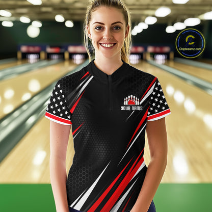 Custom Black Red Bowling Jersey for Women Bowling Polo & 1/4 Zip Bowling Team Shirt HNT594