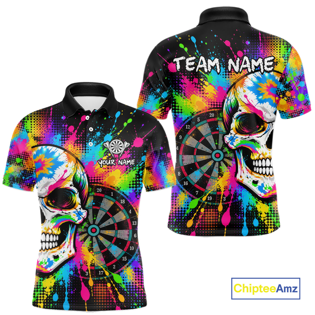 Colorful Skull Dartboard Custom Dart Shirts for Men Skeleton Dart Team Jerseys Polo & 1/4Zip NNT365