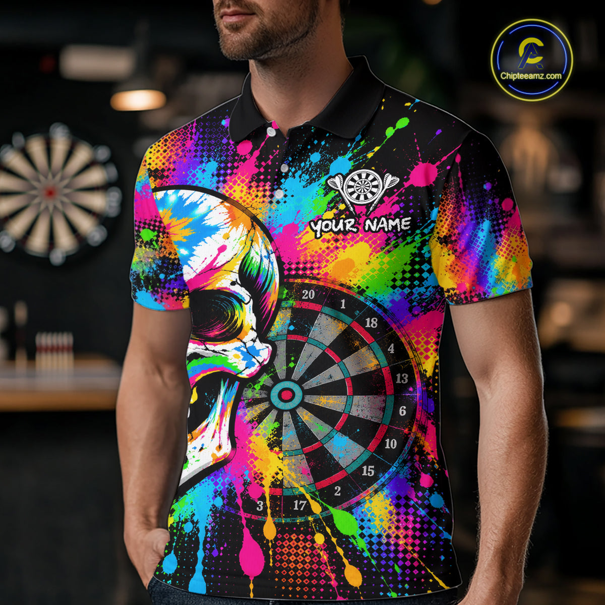 Colorful Skull Dartboard Custom Dart Shirts for Men Skeleton Dart Team Jerseys Polo & 1/4Zip NNT365