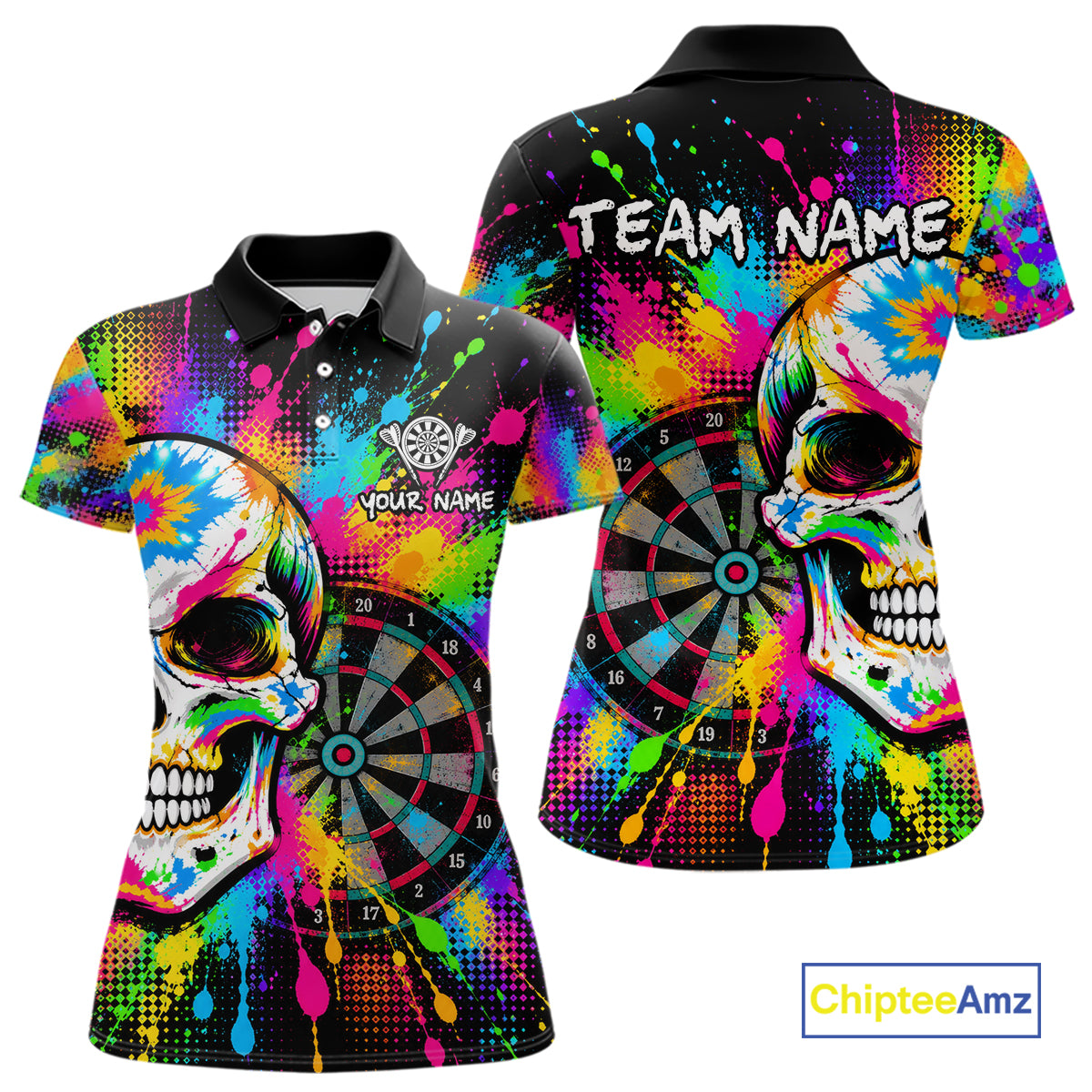 Colorful Skull Dartboard Custom Dart Shirts for Women Skeleton Dart Team Jerseys Polo & 1/4Zip NNT365