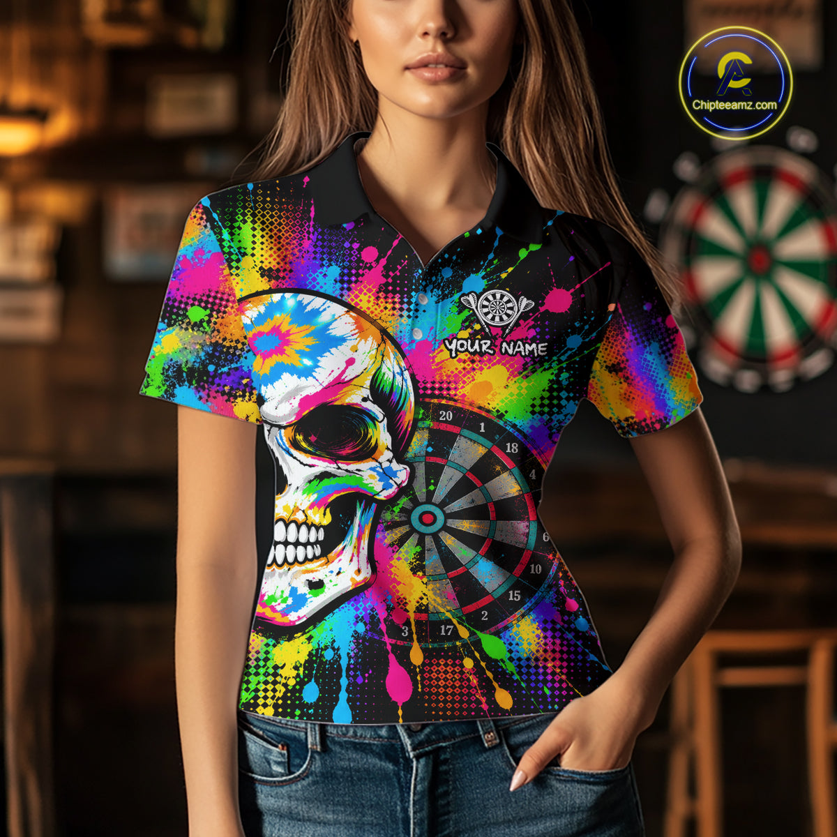 Colorful Skull Dartboard Custom Dart Shirts for Women Skeleton Dart Team Jerseys Polo & 1/4Zip NNT365