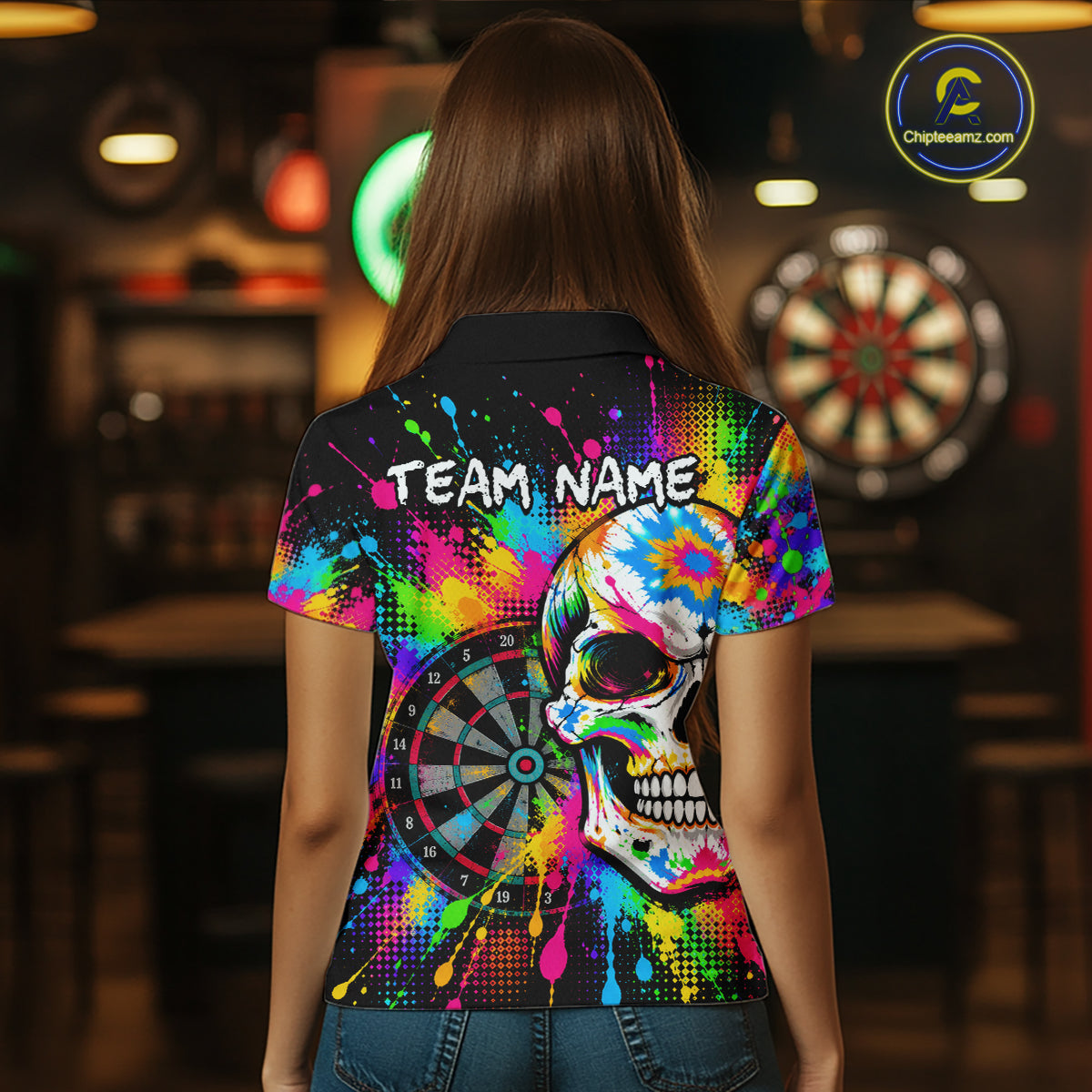Colorful Skull Dartboard Custom Dart Shirts for Women Skeleton Dart Team Jerseys Polo & 1/4Zip NNT365