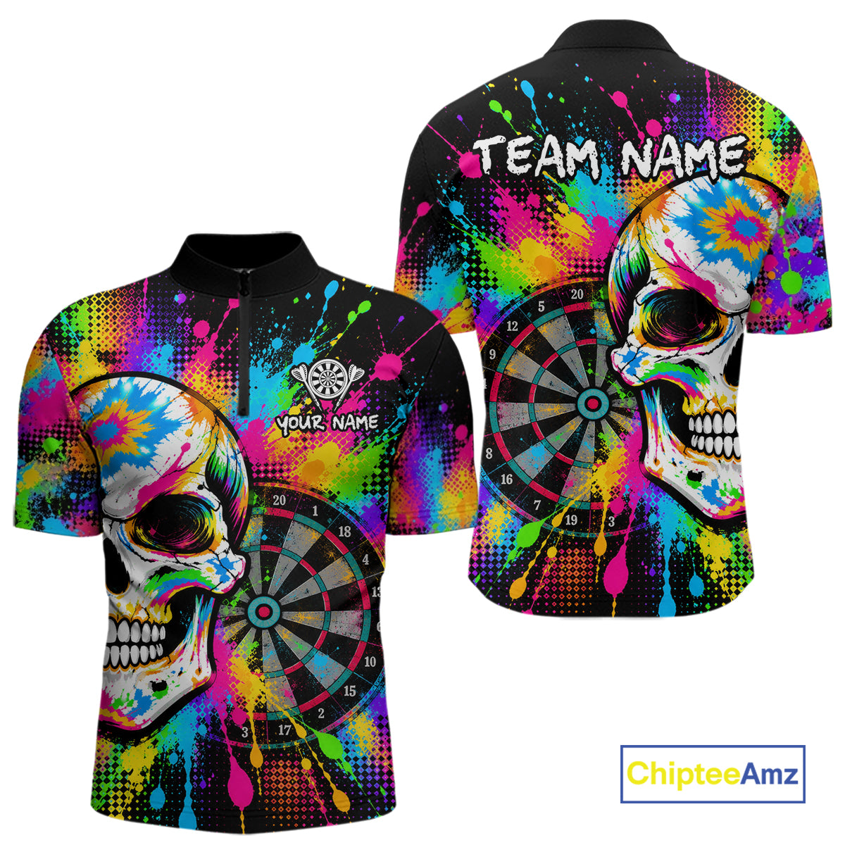 Colorful Skull Dartboard Custom Dart Shirts for Men Skeleton Dart Team Jerseys Polo & 1/4Zip NNT365