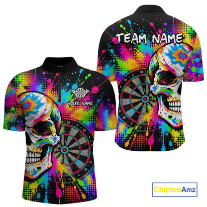 Colorful Skull Dartboard Custom Dart Shirts for Men Skeleton Dart Team Jerseys Polo & 1/4Zip NNT365