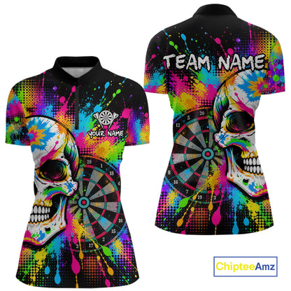 Colorful Skull Dartboard Custom Dart Shirts for Women Skeleton Dart Team Jerseys Polo & 1/4Zip NNT365