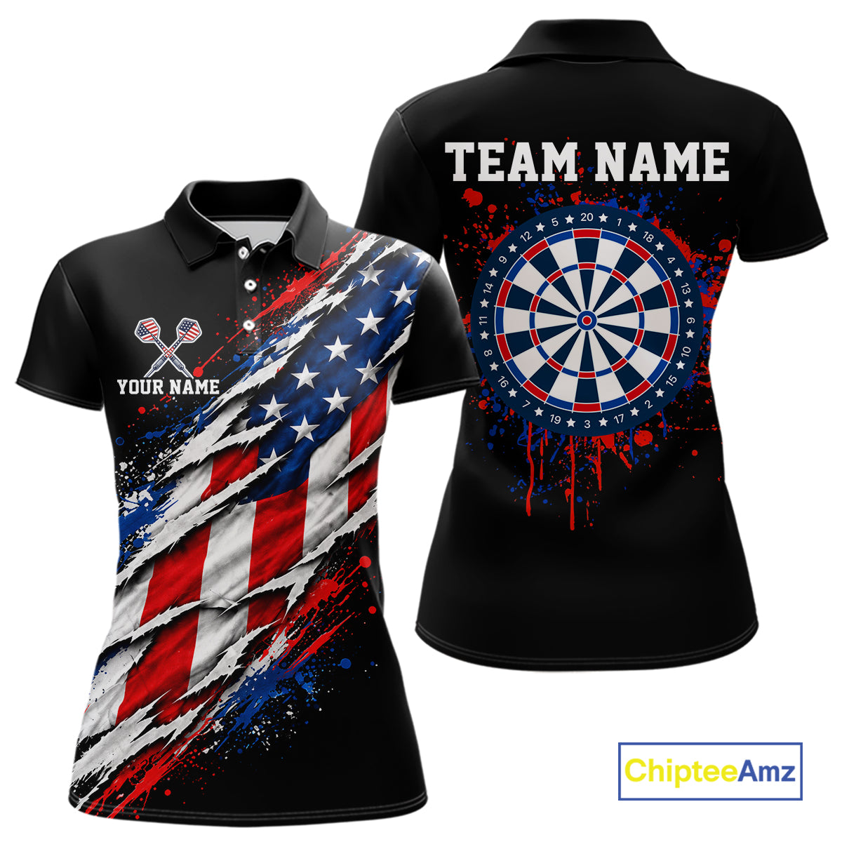 American Flag Dartboard Custom Dart Shirts for Women Patriotic Dart Team Jerseys Polo & 1/4Zip NNT367