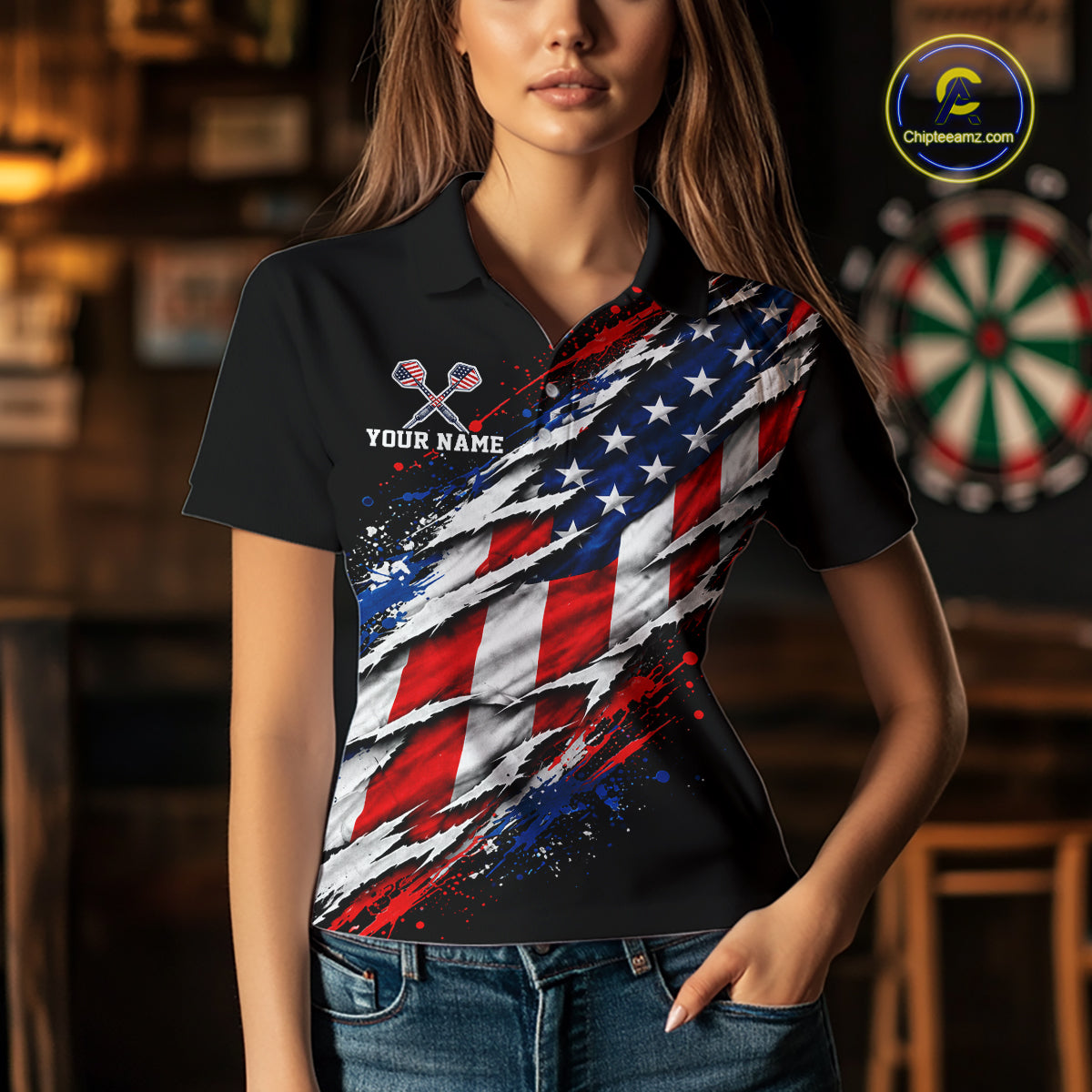 American Flag Dartboard Custom Dart Shirts for Women Patriotic Dart Team Jerseys Polo & 1/4Zip NNT367