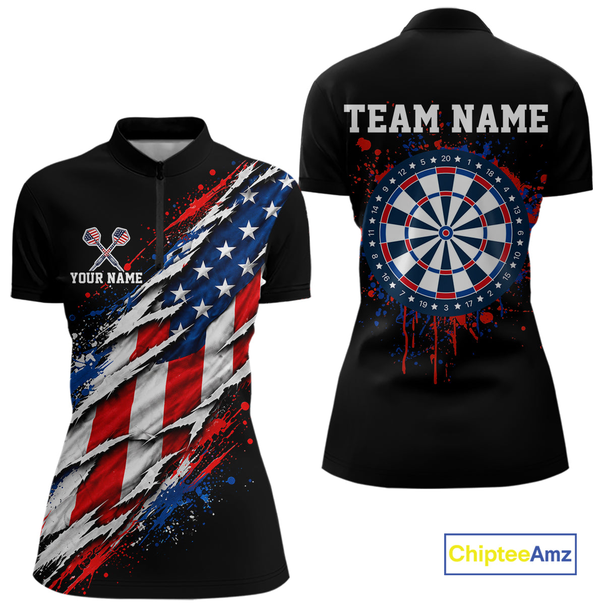 American Flag Dartboard Custom Dart Shirts for Women Patriotic Dart Team Jerseys Polo & 1/4Zip NNT367