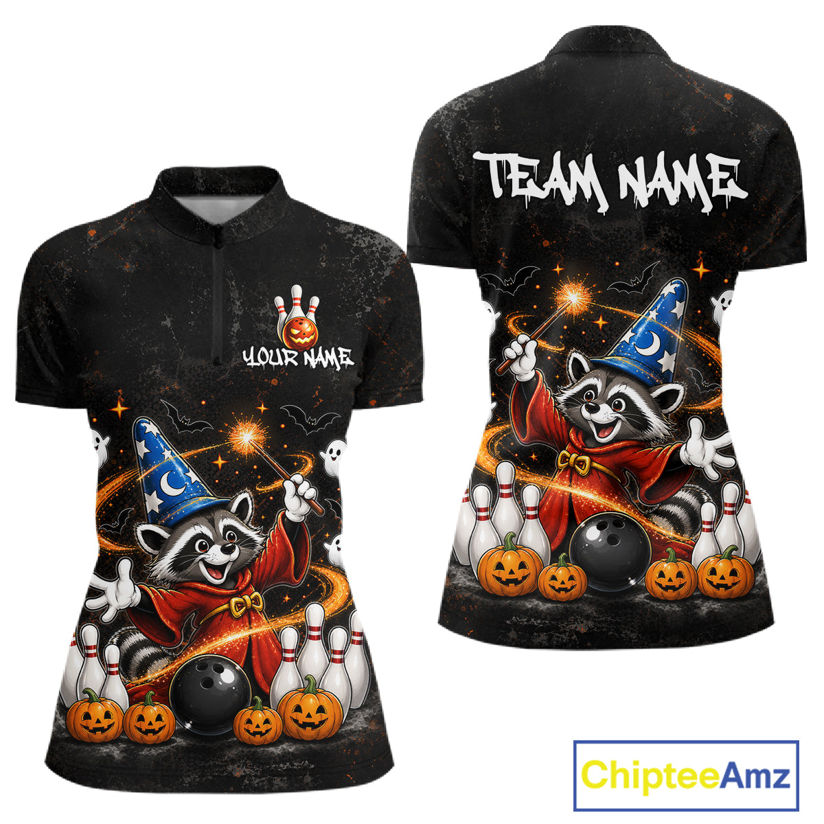 Front and back views of a black short-sleeve polo shirt with a Halloween-themed raccoon wizard graphic, including pumpkins, bowling balls, ghosts, and customizable text areas, shown on a white background with a ChipteeAmz logo in the corner.